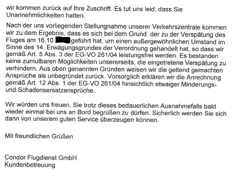 Condor-Ablehnung Ansprüche nach EU-Fluggastverordnung