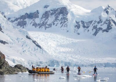 Einige Stand-Up-Paddleboarder werden in antarktischer Landschaft von einem Zodiac begleitet