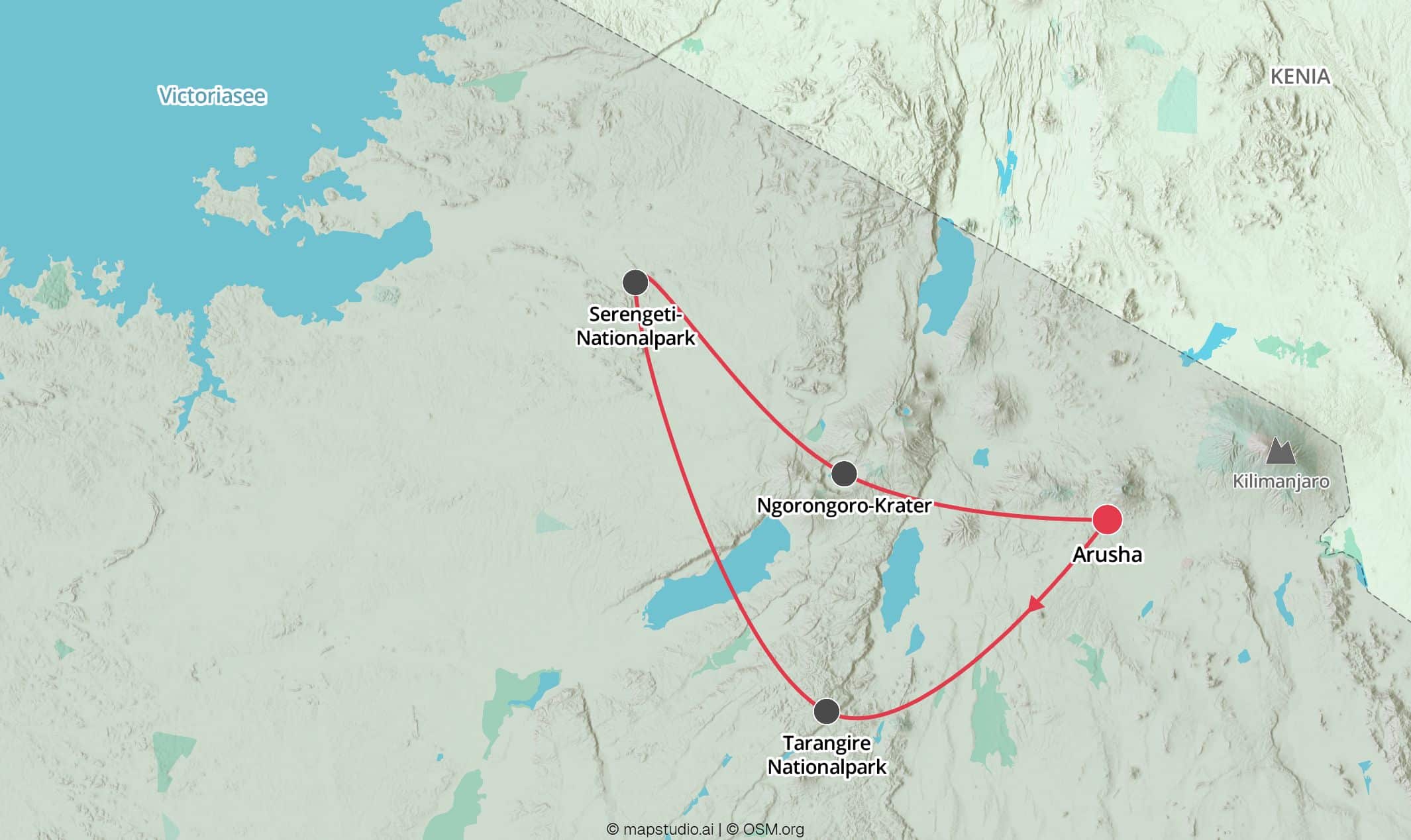 Tansania Skysafari Route Routenkarte der SkySafari