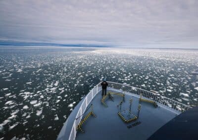 Eine Person steht am Bug eines Schiffes. Im Meer treiben Eisschollen