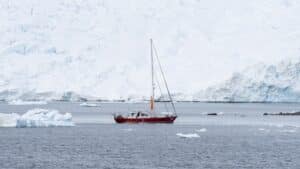 Die SY Icebird vor einer Gletscherwand an der Antarktischen Halbinsel