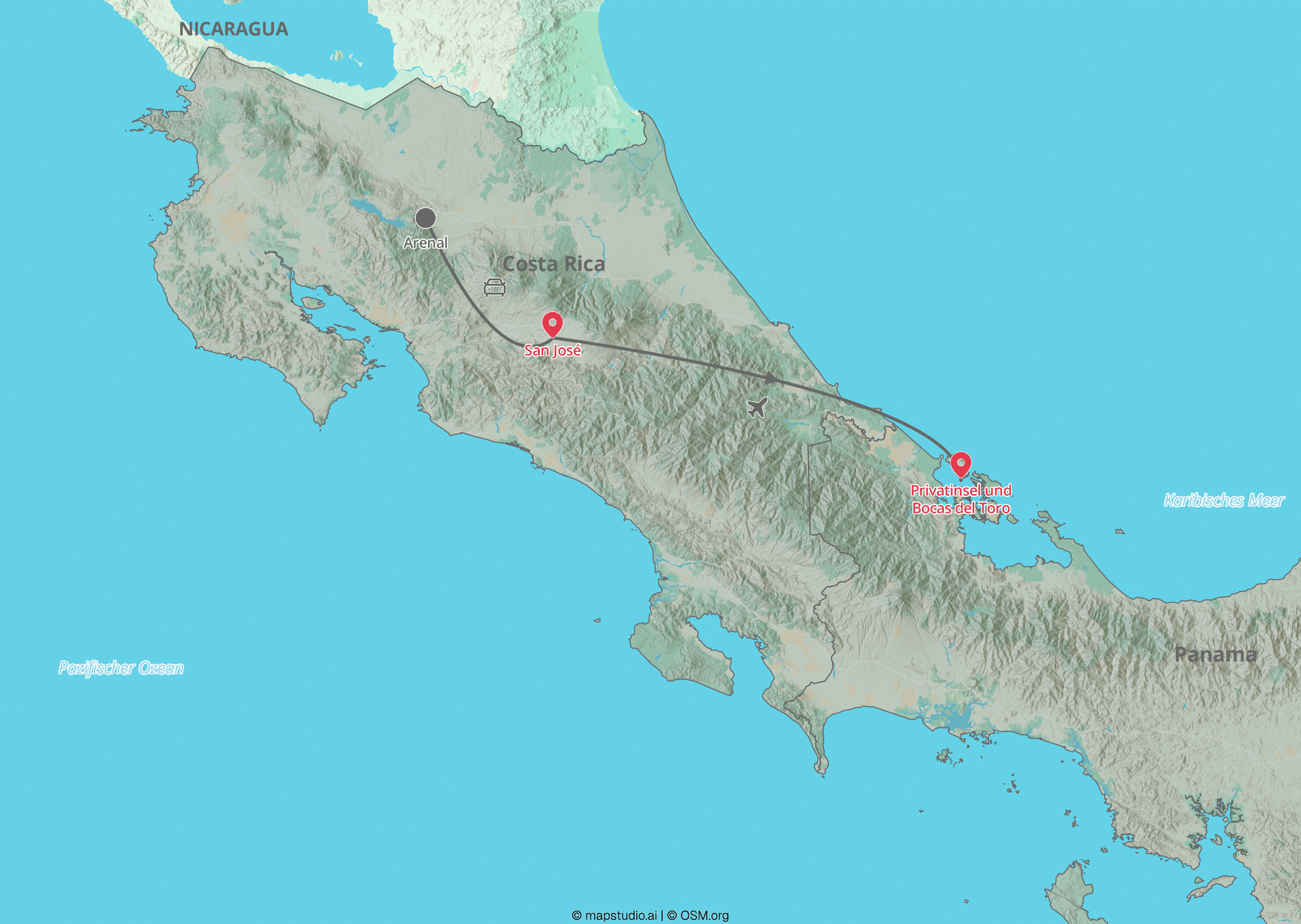 Routenkarte Costa Rica und Panama: San José, Arenal, Bocas del Toro