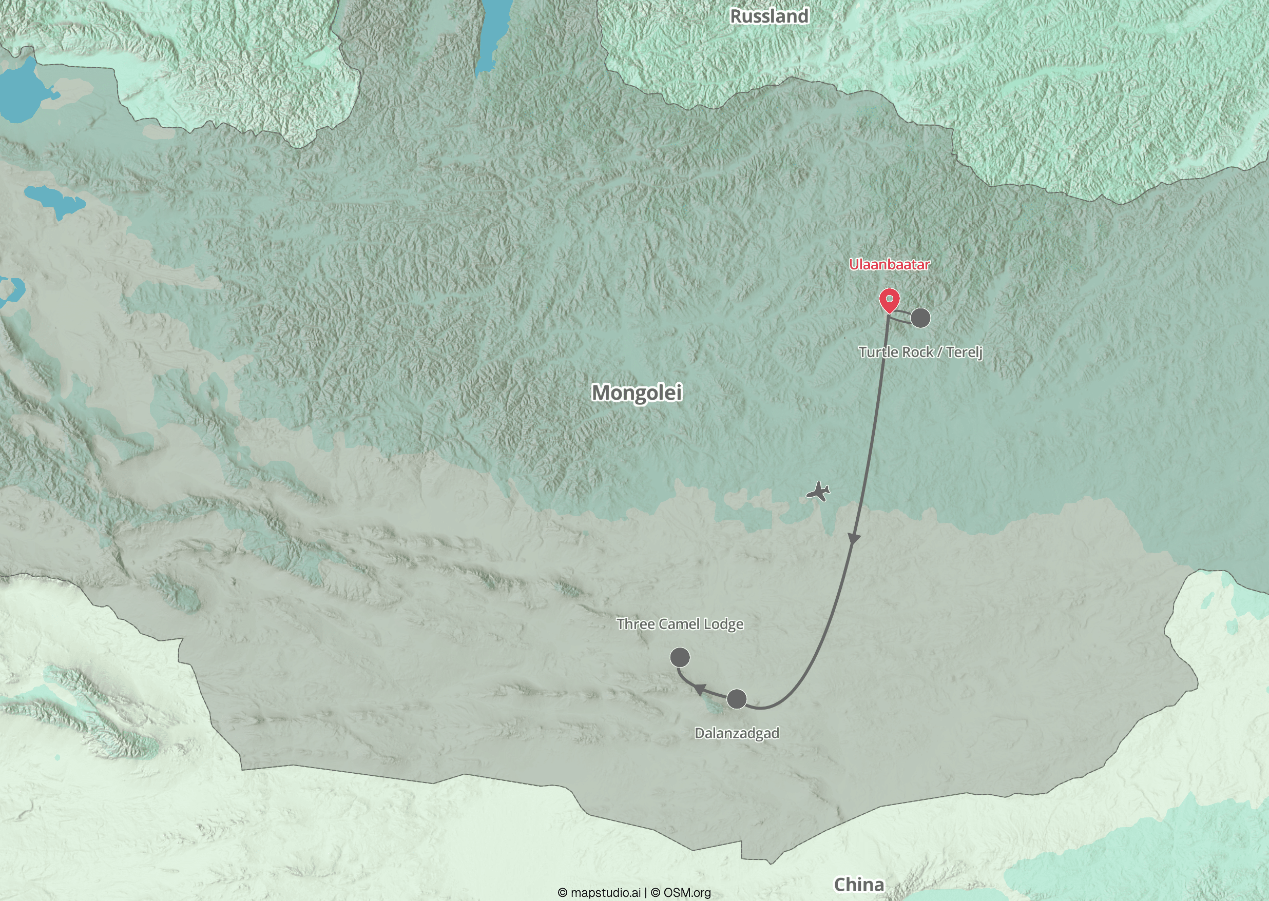 Routenkarte Mongolei mit Stops Ulaanbaatar, Gorkhi-Terelj, Süd-Gobi, Dalanzadgad