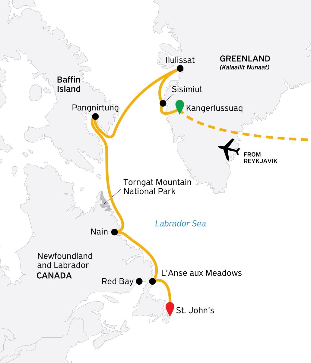 Greenland-to-Newfoundland_Mountains-Wildlife-and-Viking-History_Arctic-2028_Routenkarte_Quark Routenkarte der Reise Grönland bis Neufundland