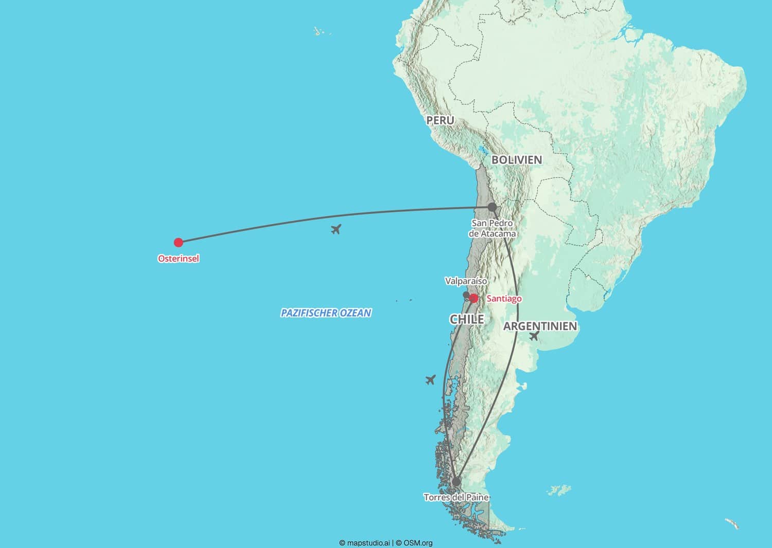Routenkarte der Chile-Rundreise mit Santiago, Torres del Paine, Atacama und Osterinsel