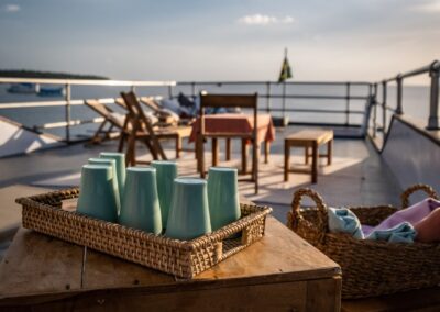 The deck of the Amazon Dolphin, with a view across the river