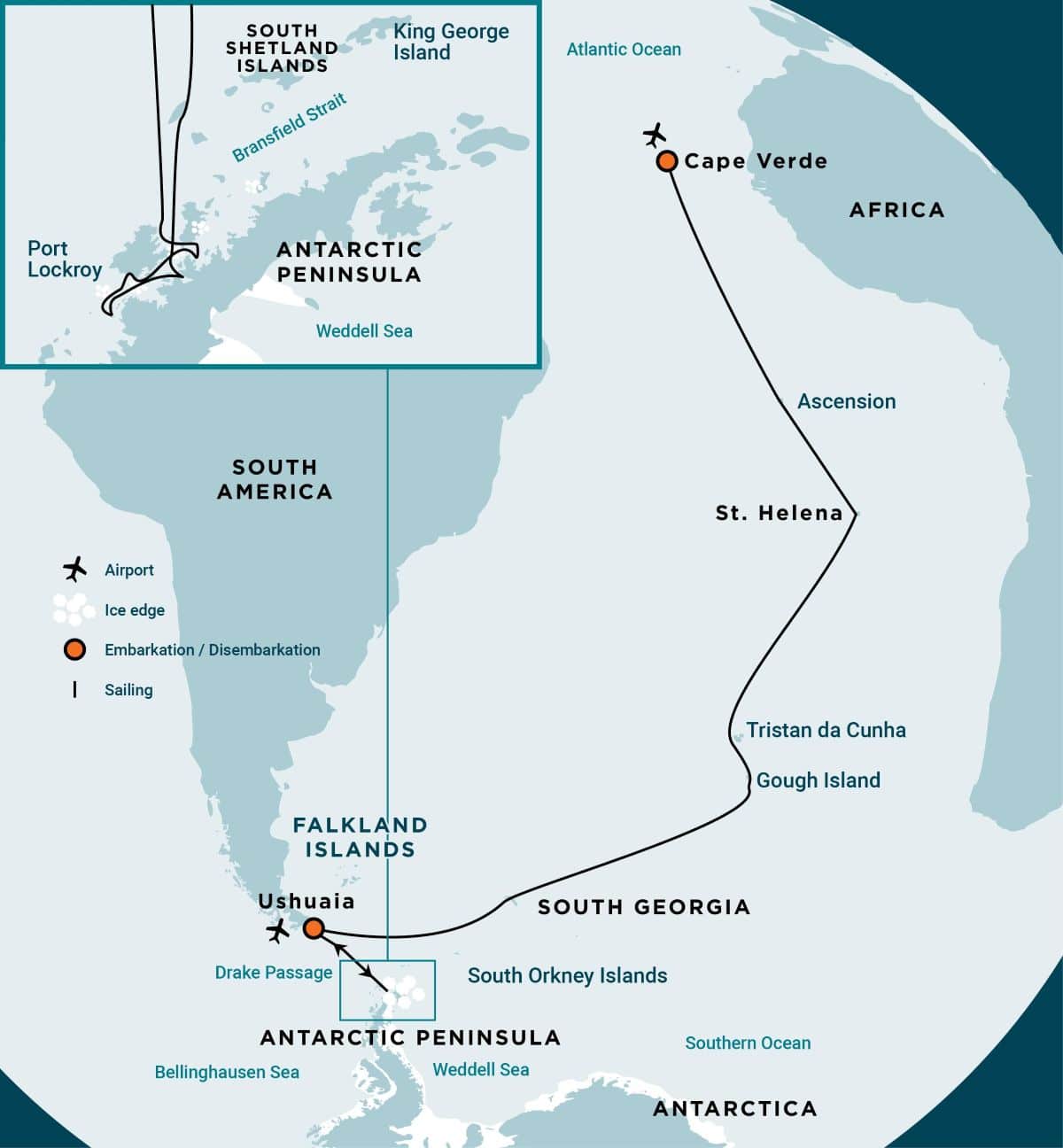Atlantik-Odyssee-Routenkarten_Oceanwide Routenkarte der Reise