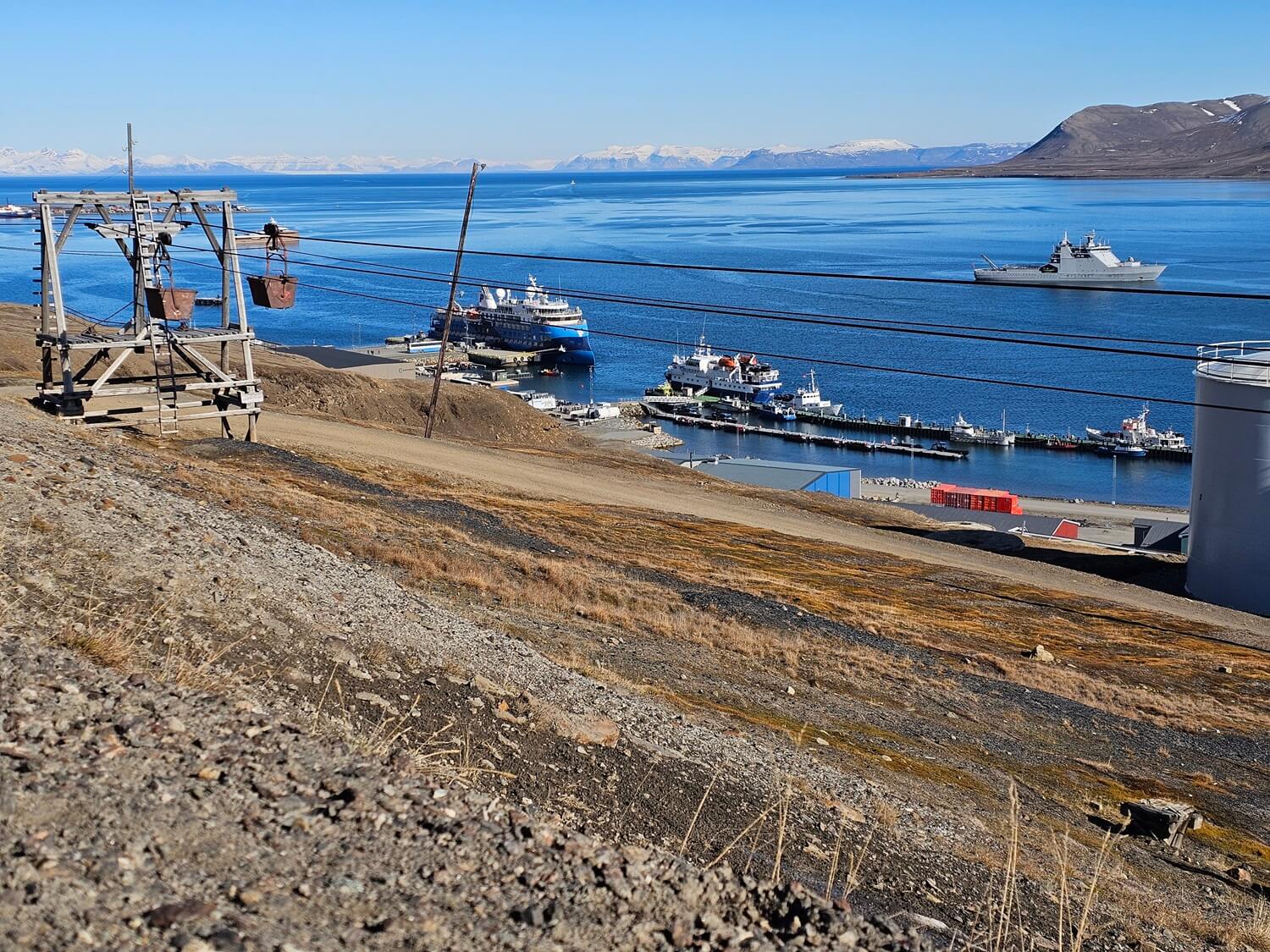 View of Longyearbyen and the MS Quest in the harbor
