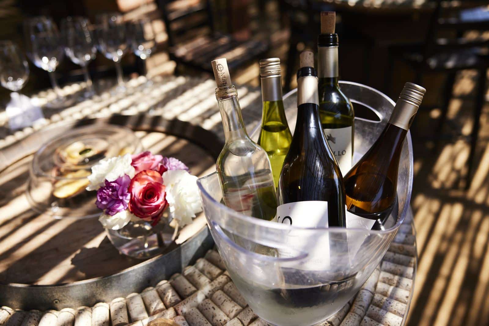 Wine bottles and glasses for an outdoor wine flight