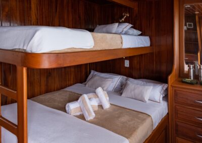 Bunk bed cabin on the Amazon Dolphin with a double bed on the bottom and a single bed on top