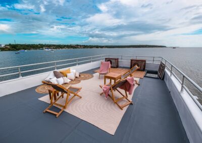 Aerial view of the Belle Amazon's sun deck with lounge area