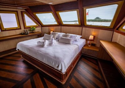 The Belle Amazon's master cabin with a double bed and panoramic windows