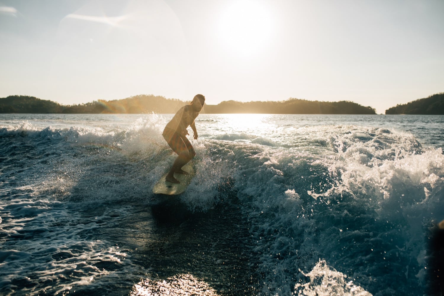 A surfer backlit on a wave off the forested coast