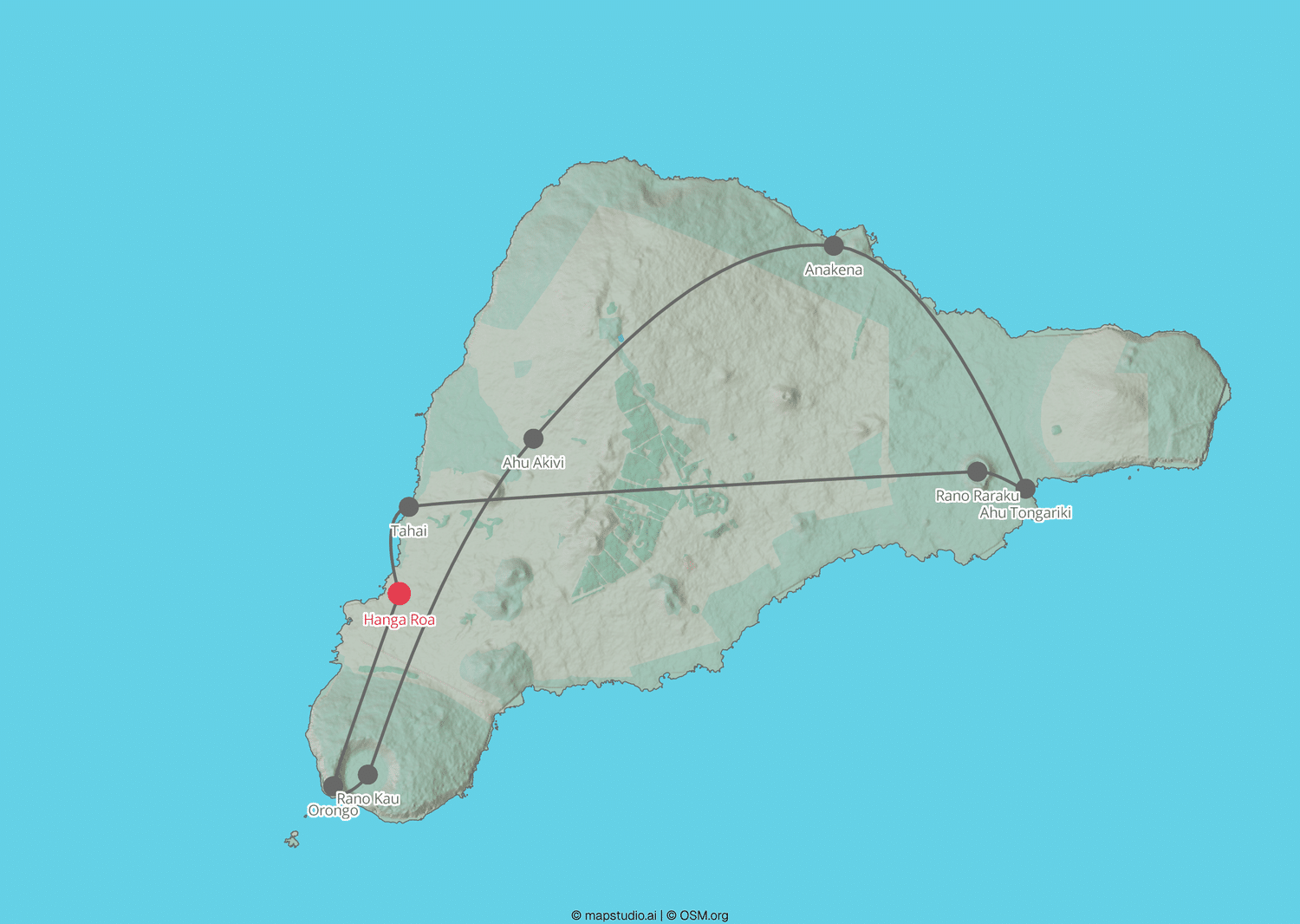 Route Map of the Easter Island Tour: Excursions from Hanga Roa to Tahai, Ahu Akivi, Anakena, Rano Raraku, Ahu Tongariki, and Orongo