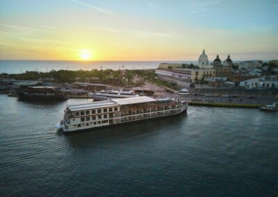Aerial view of the AmaMelodia in the evening light in front of Cartagena's Old Town