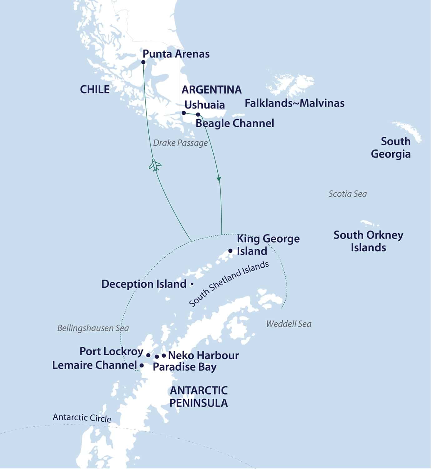 Routenkarte Antarctic Explorer Route map of the trip from Ushuaia through the Drake Passage to the Antarctic Peninsula, with a return flight from King George Island to Punta Arenas