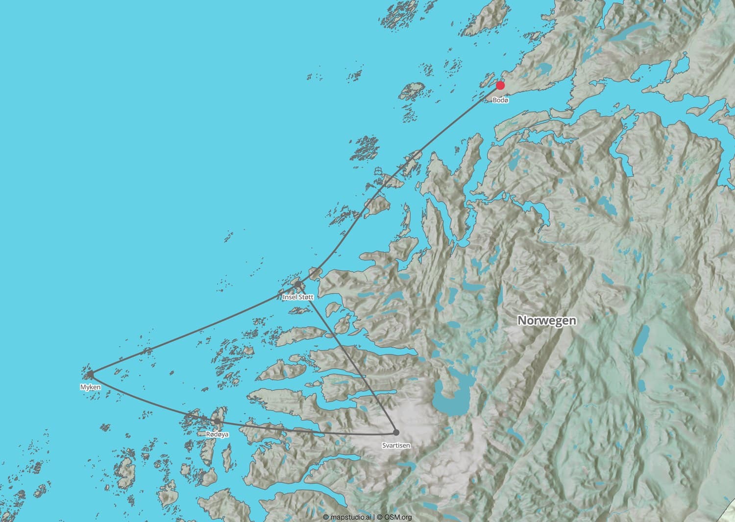 Routenkarte der Insel Støtt mit Myken, Rødøya, dem Svartisen-Gletscher und Bodø