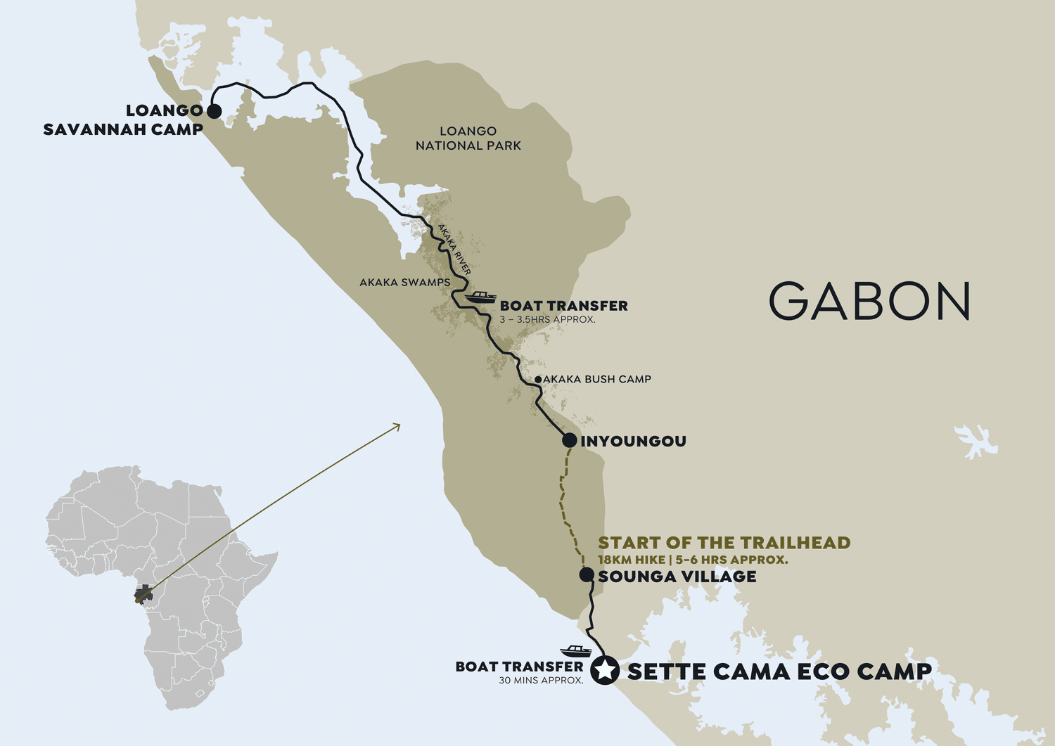 Map of Loango National Park showing Sette Cama Eco Camp, the Sounga Trail, the Akaka River, and Loango Savannah Camp