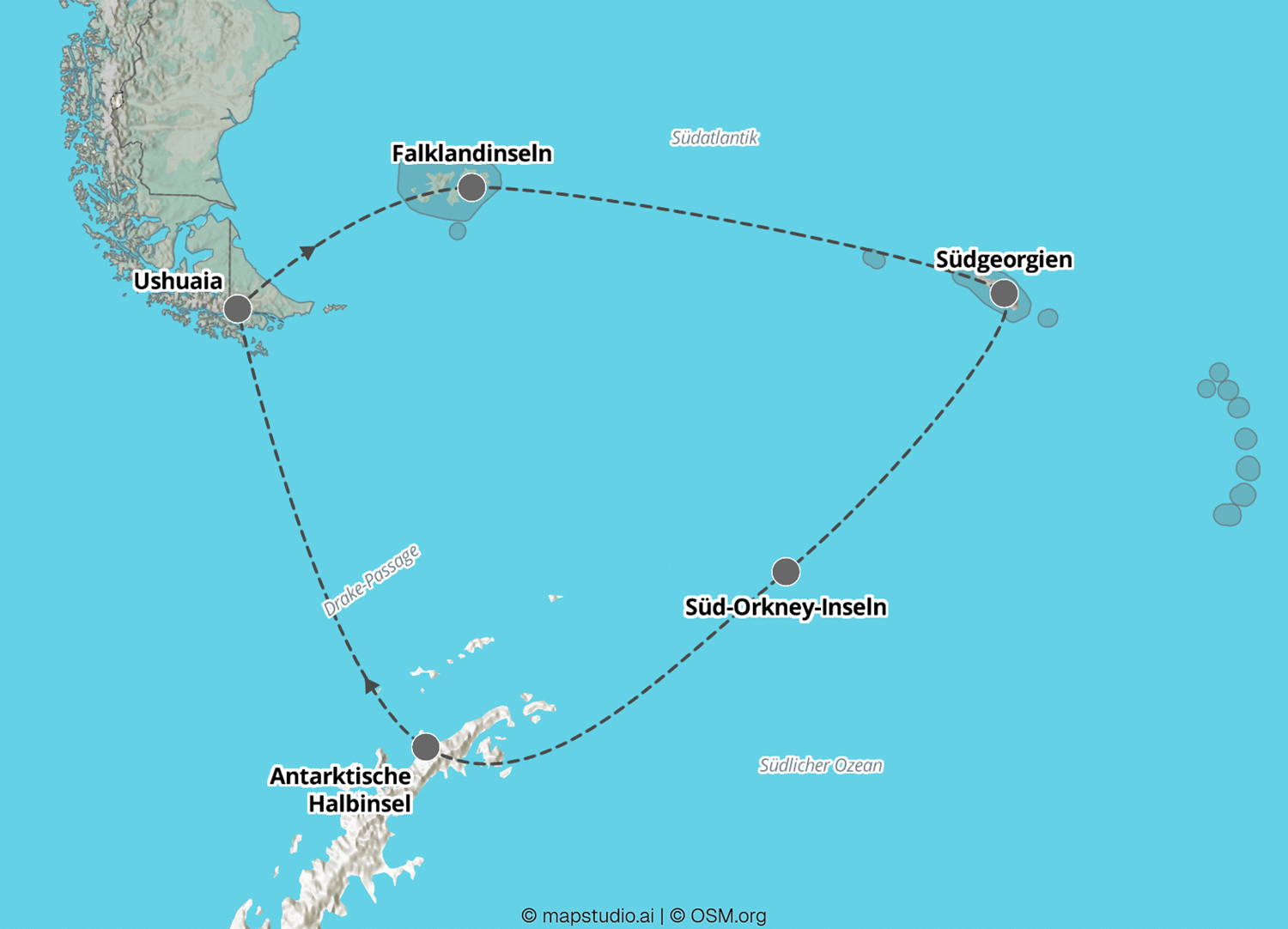 Reiseroute Falklandinseln, Südgeorgien und Antarktis