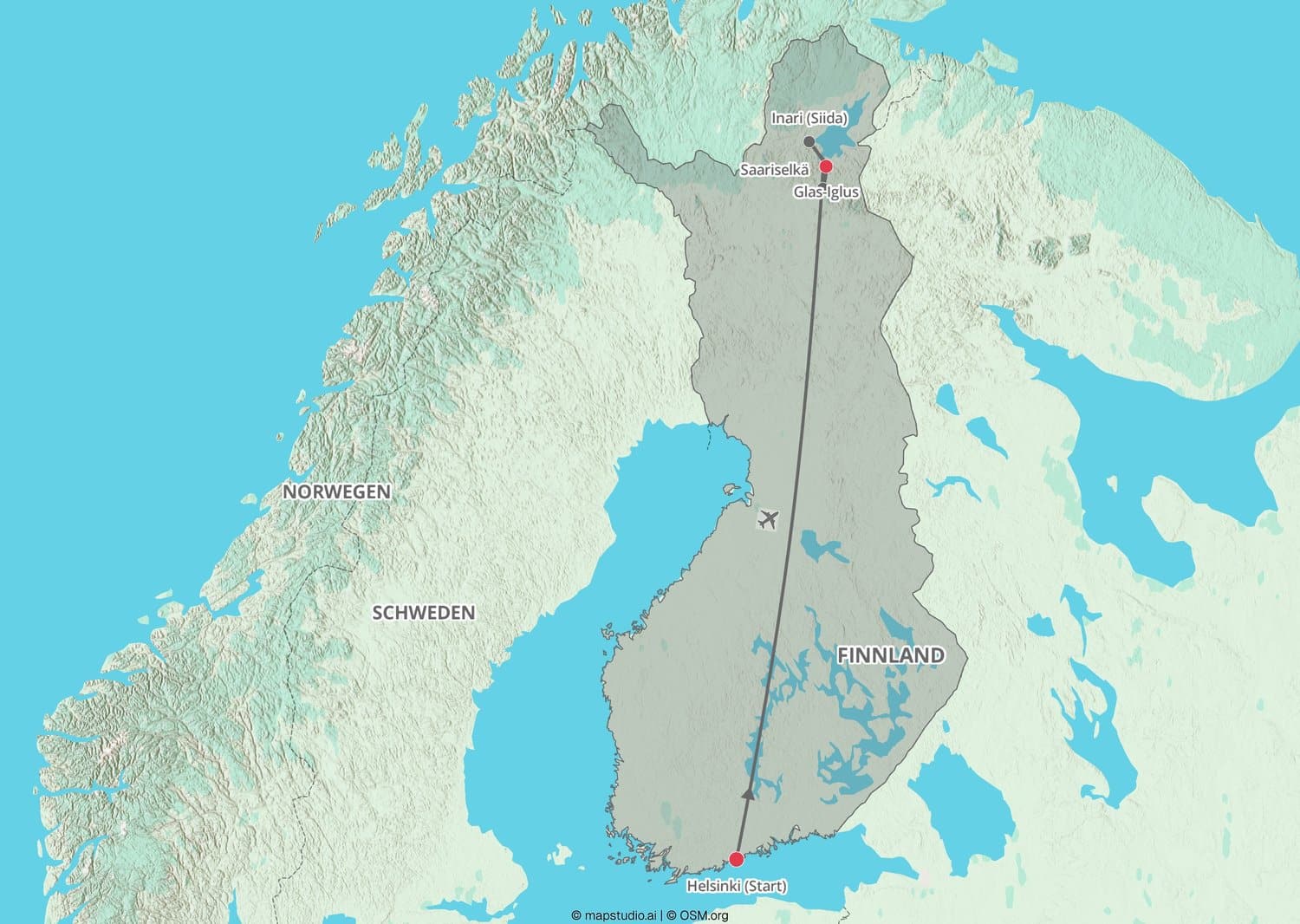 Finland Itinerary Map: Flight from Helsinki to Ivalo, the glass igloos near Saariselkä, and the trip to Inari to visit the Siida Museum
