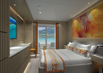 Deluxe Kabine der MS Aranoa mit Doppelbett, Schreibtisch und Glastür zum Balkon (Visualisierung)