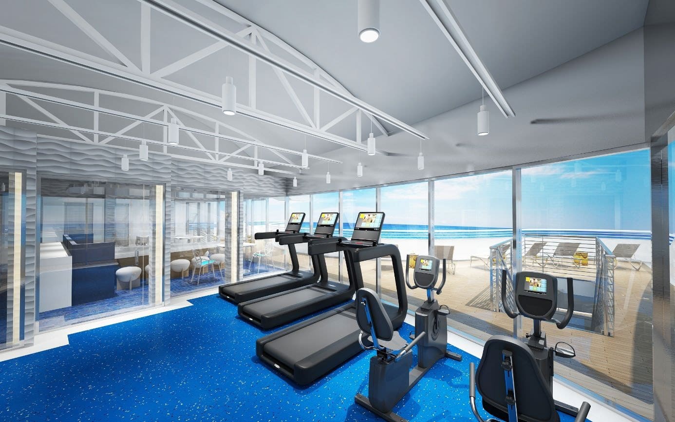 Der Fitnessraum auf Deck 8 mit Blick aufs Sonnendeck (Visualisierung) Fitnessraum der MS Aranoa auf Deck 8 mit Laufbändern und Glasfront zum Sonnendeck (Visualisierung)