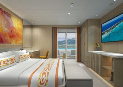 Junior Suite der MS Aranoa mit Doppelbett, Sitzecke am Fenster und Balkon (Visualisierung)