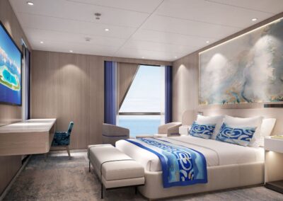 Schlafzimmer der Presidential Suite der MS Aranoa mit Doppelbett, Sitzecke und Fenster zum Meer (Visualisierung)