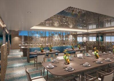 Restaurant der MS Aranoa auf Deck 4 mit gedeckten Tischen, Buffet und geschnitzten Raumteilern (Visualisierung)