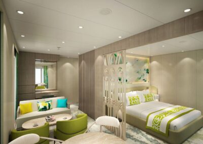 Schlafbereich der Royal Suite der MS Aranoa mit Doppelbett hinter einem Raumteiler und Sitzecke (Visualisierung)