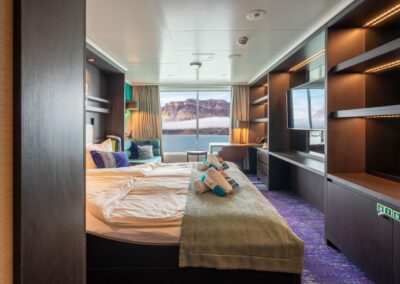 Junior Suite on the MS Hondius with a double bed, a desk, and a large double window overlooking the coast