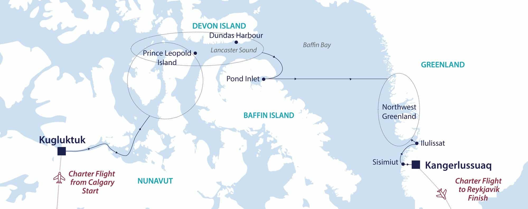 Routenkarte Nordwestpassage auf den Wasserwegen der Inuit The tour operator's itinerary for the 15-day trip: charter flight from Calgary to Kugluktuk, ship route eastward through the Northwest Passage, across Baffin Bay to West Greenland and on to Kangerlussuaq, charter flight to Reykjavík