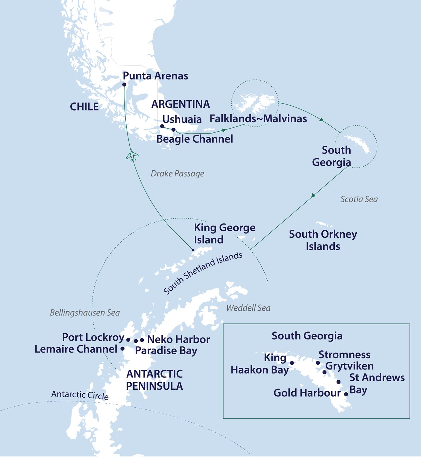 Routenkarte Zwischen den Königspinguinen Südgeorgiens Itinerary map of the trip from Ushuaia via the Falkland Islands and South Georgia to the Antarctic Peninsula, with a return flight from King George Island to Punta Arenas