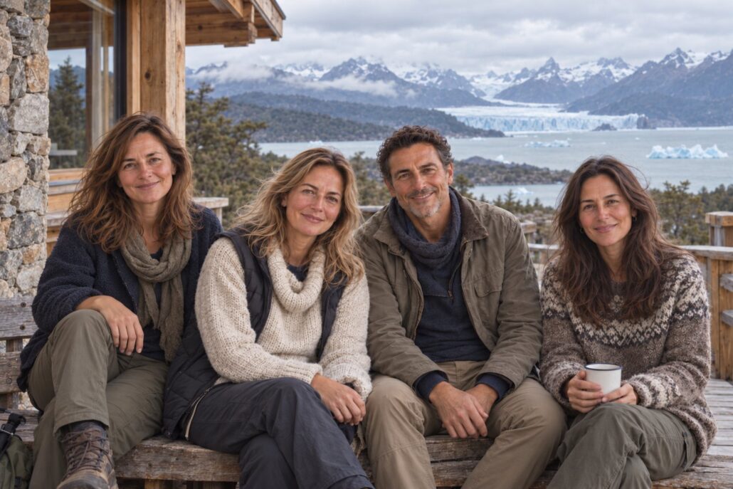 Symbolbild, KI-generiert: drei Frauen und ein Mann auf einer Holzbank einer Lodge-Terrasse, dahinter ein Gletscher