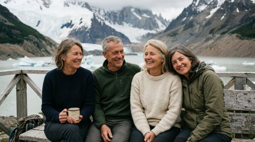 Symbolbild, KI-generiert: vier lachende Personen auf einer Holzbank vor einem Gletschersee
